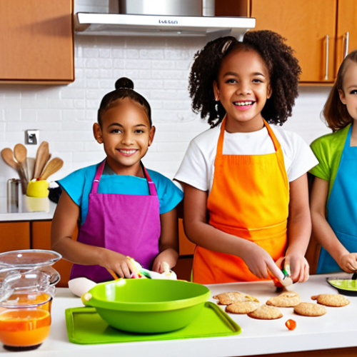 **Kids cooking class:** A diverse group of children in a bright, modern kitchen, wearing colorful aprons and using child-safe kitchen tools. They are actively engaged in tasks like mixing ingredients, decorating cookies, and chopping vegetables (under adult supervision). Focus on the joyful and educational aspect of learning to cook.