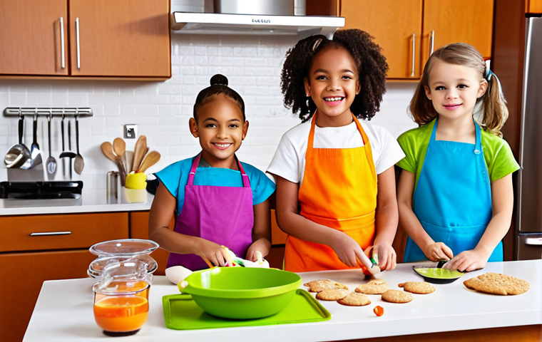 **Kids cooking class:** A diverse group of children in a bright, modern kitchen, wearing colorful aprons and using child-safe kitchen tools. They are actively engaged in tasks like mixing ingredients, decorating cookies, and chopping vegetables (under adult supervision). Focus on the joyful and educational aspect of learning to cook.